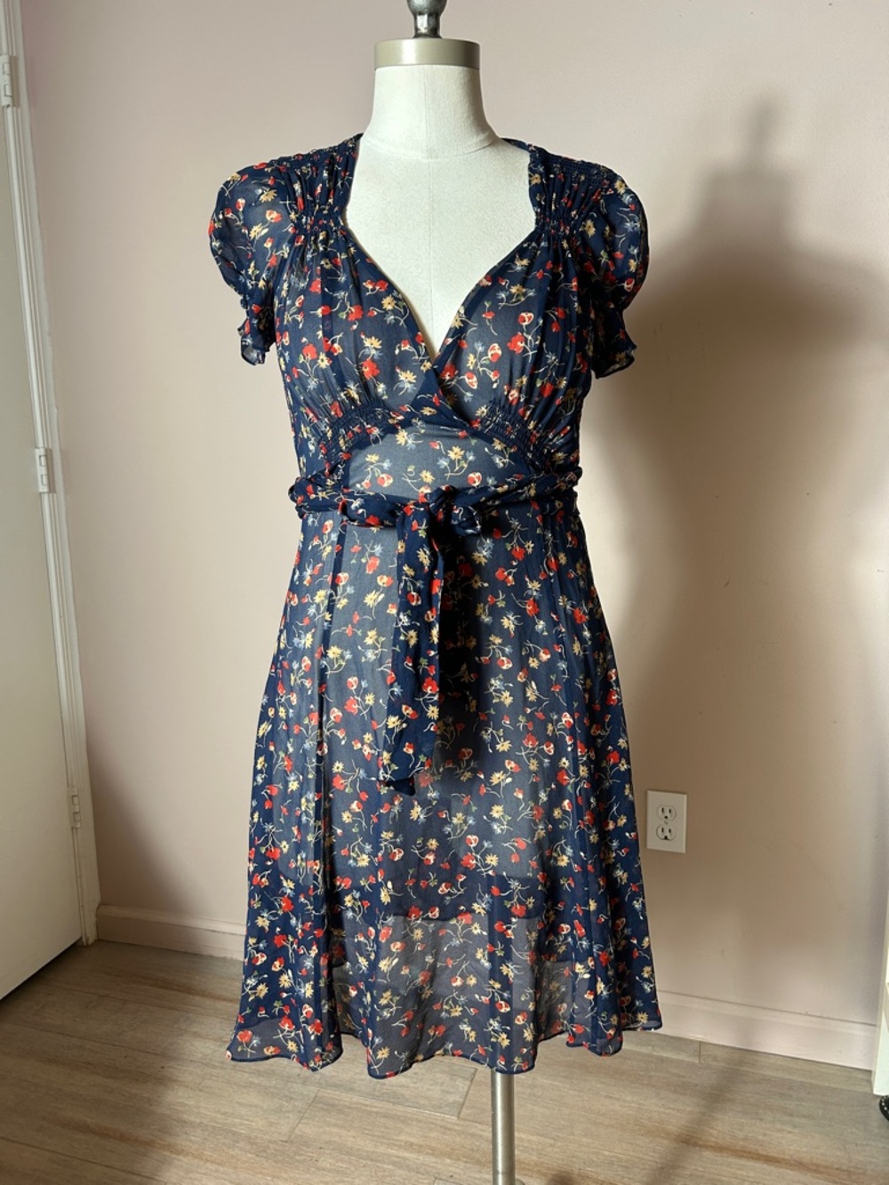 Polo Ralph Lauren Navy Floral Wrap Midi Dress Self Tie chiffon mulberry silk 4